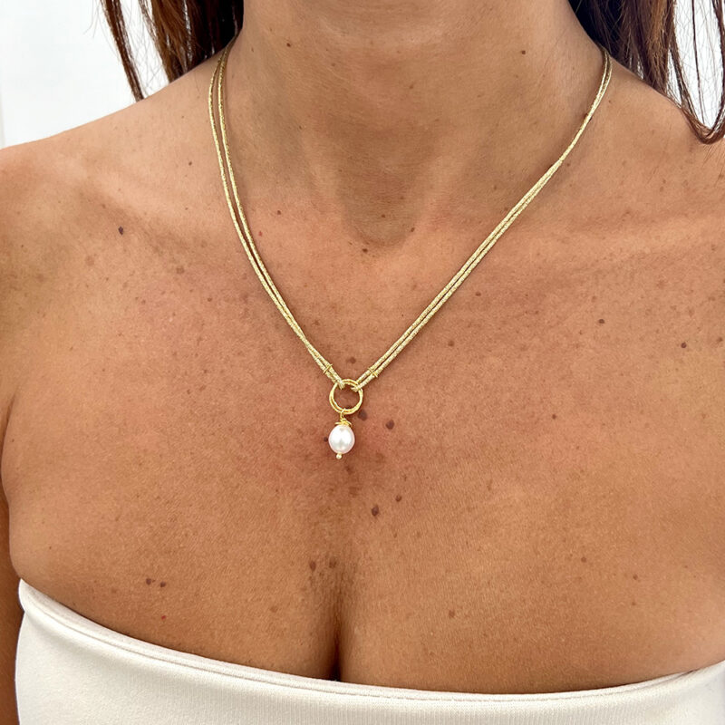 Collana Lurex con perla d'acqua dolce, argento 925 dorato