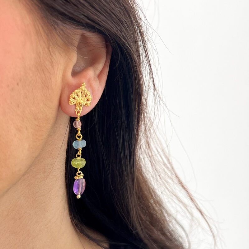 Orecchini Filigrana con acquamarina e peridoto, argento 925 dorato