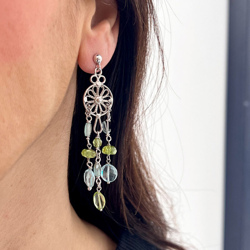 Orecchini Filigrana con acquamarina e peridoto, argento 925 rodiato