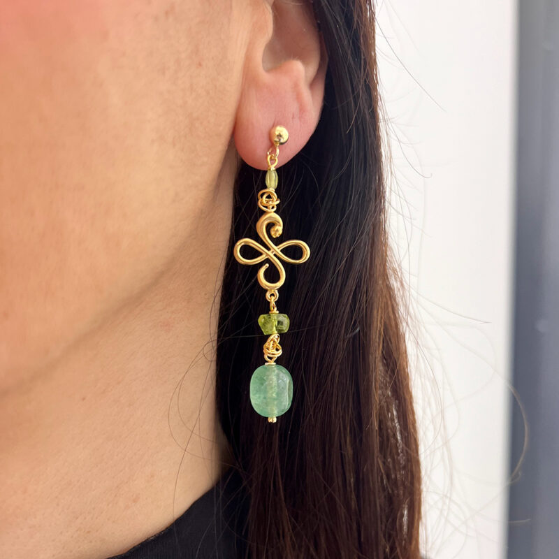 Orecchini Ventesimo con prenite e peridoto, argento 925 dorato