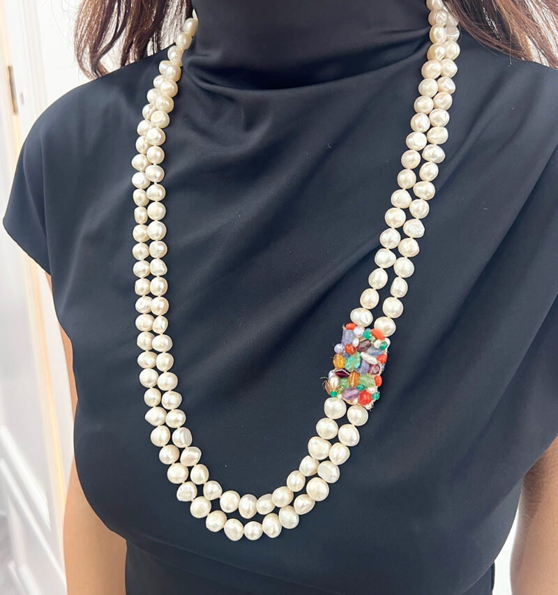 Collana Intreccio con perle d'acqua dolce e pietre naturali multi colore, argento 925 rodiato