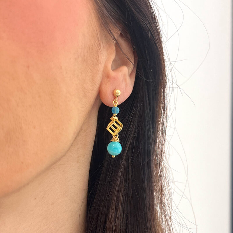 Orecchini Geometrique con amazzonite e apatite, argento 925 dorato