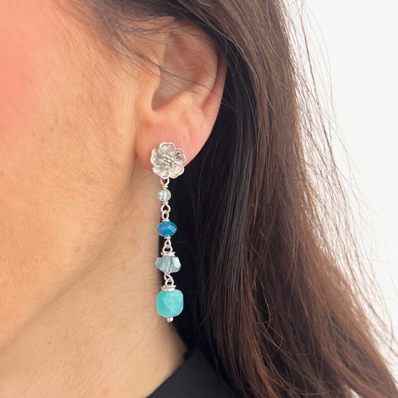Orecchini con amazzonite e acquamarina, argento 925 rodiato