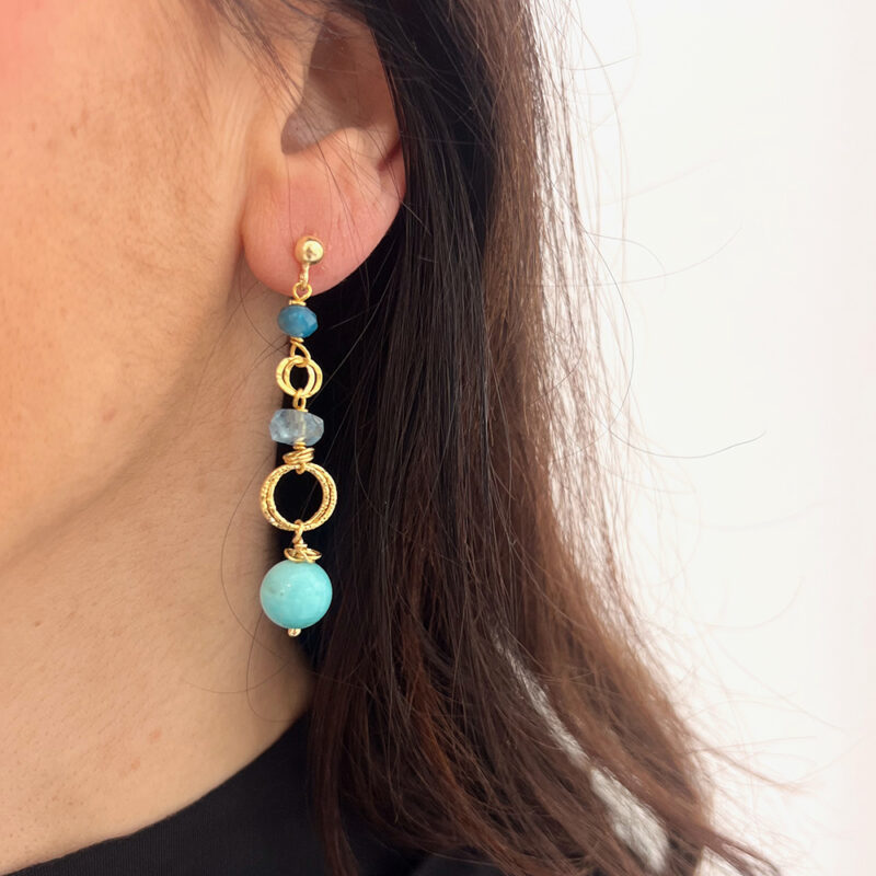 Orecchini Scintille con amazzonite e acquamarina, argento 925 dorato