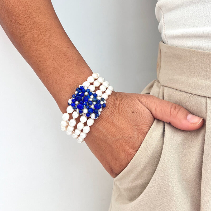 Bracciale Intreccio con perle d'acqua dolce e lapislazzuli, argento 925 rodiato