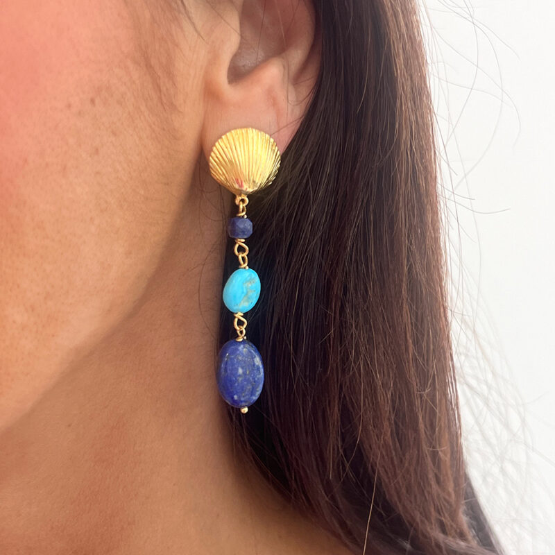 Orecchini Shell con lapislazzuli e turchese naturale, argento 925 dorato