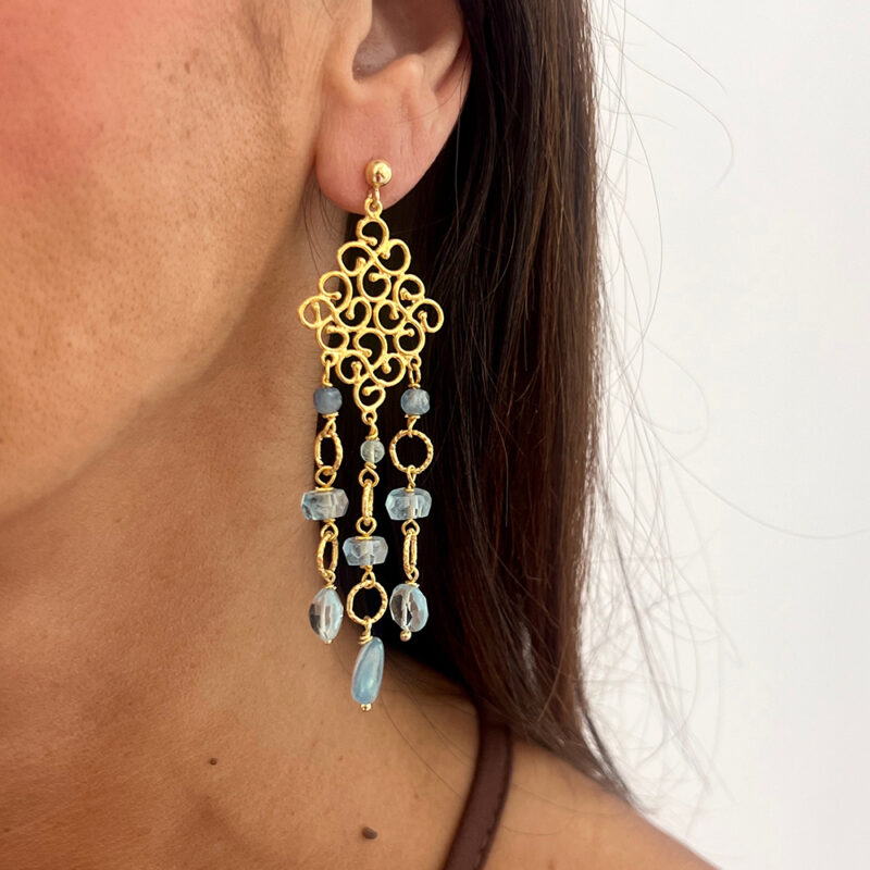 Orecchini Geometrique con acquamarina, argento 925 dorato
