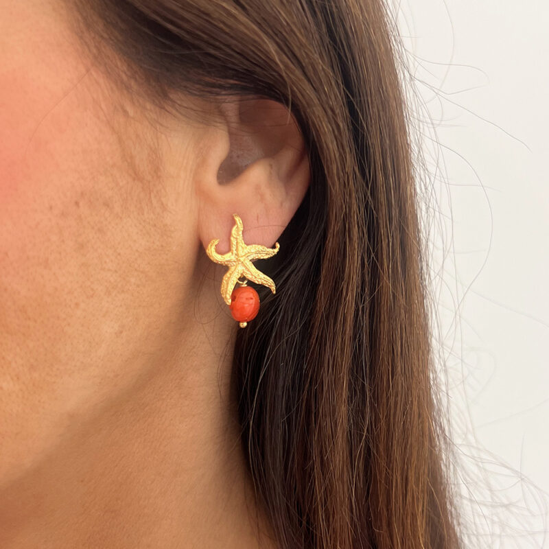 Orecchini Panarea con corallo naturale del Mediterraneo, argento 925 dorato
