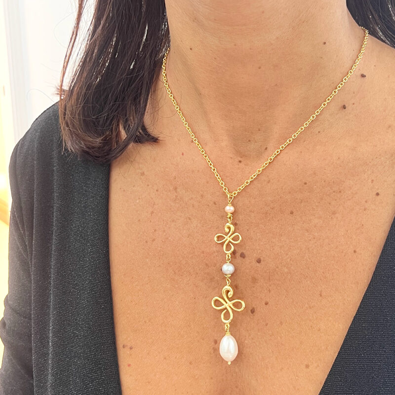 Ciondolo Ventesimo con perle d'acqua dolce, argento 925 dorato