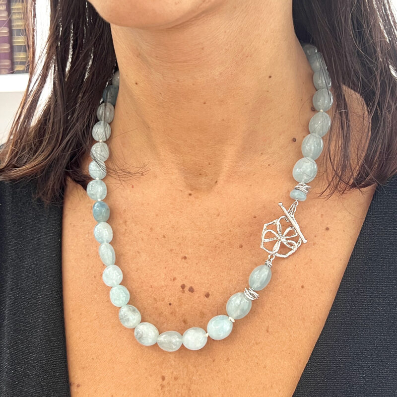 Collana Art Nouveau con acquamarina, argento 925 rodiato