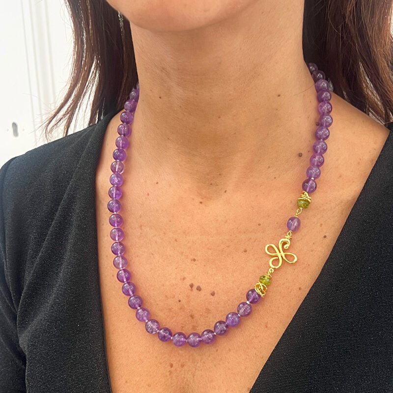 Collana Ventesimo con ametista e peridoto, argento 925 dorato
