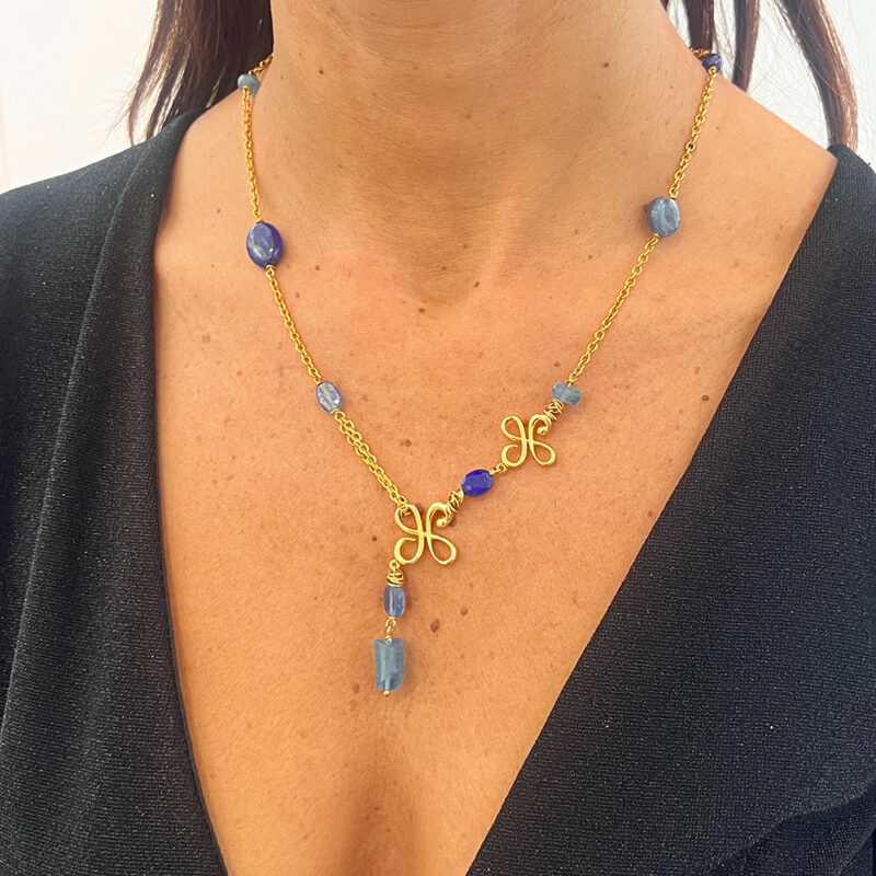 Collana Ventesimo con acquamarina e cianite, argento 925 dorato