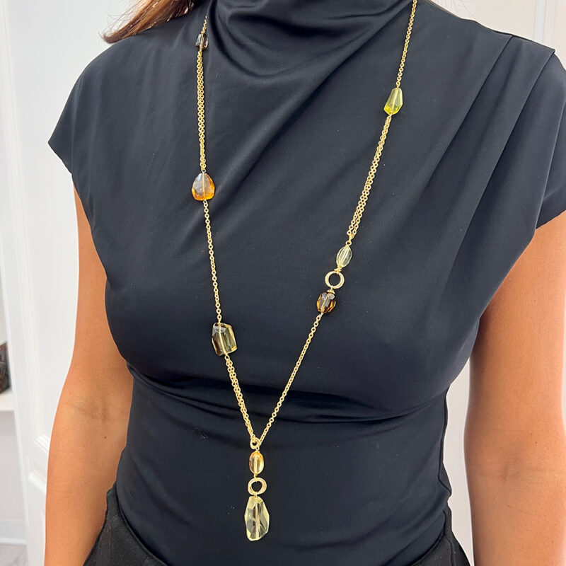 Collana Re Mida con quarzi e prasiolite, argento 925 dorato