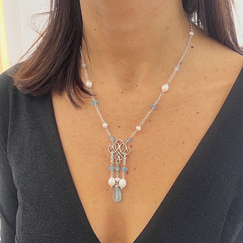 Collana Belle Epoque con acquamarina e perle, argento 925 rodiato