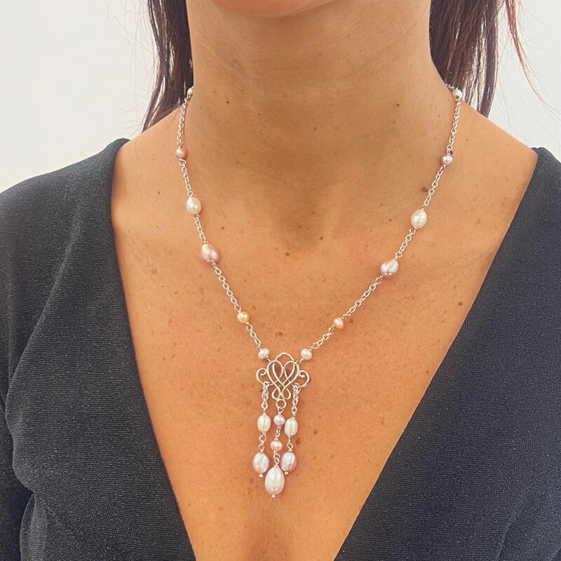 Collana Belle Epoque con perle naturali multi colore coltivate in a acqua dolce, argento 925 rodiato