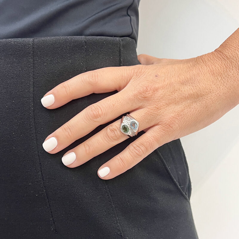 Anello Esclusiva con acquamarina e peridoto qualità AAA, argento 925 rodiato